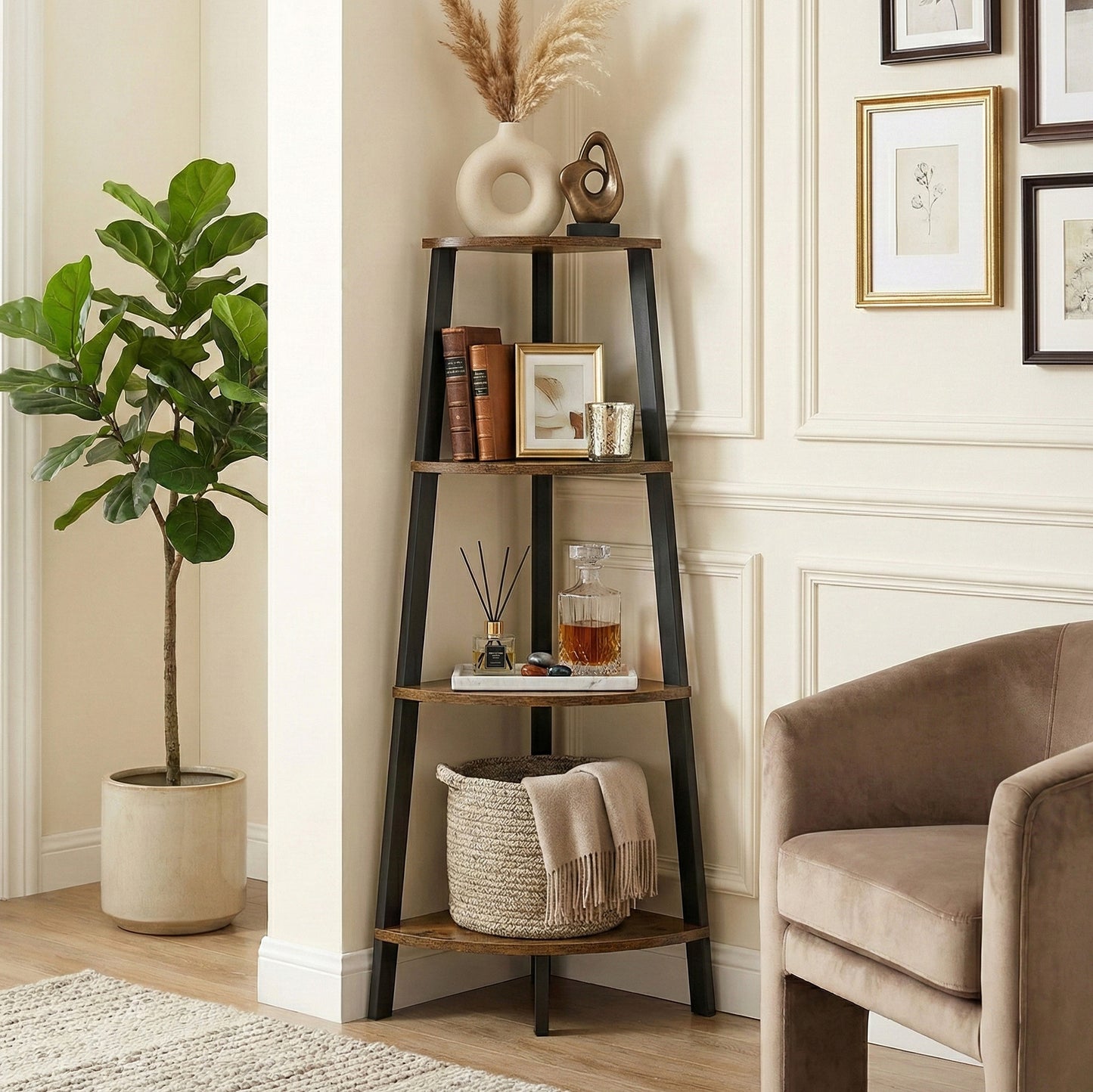 4-Tier Corner Ladder Shelf Unit Rustic Wood & Steel Display Stand Storage Rack