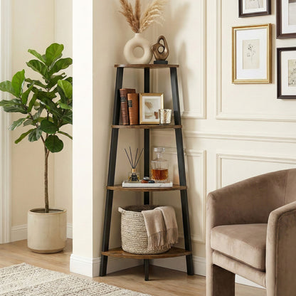 4-Tier Corner Ladder Shelf Unit Rustic Wood & Steel Display Stand Storage Rack