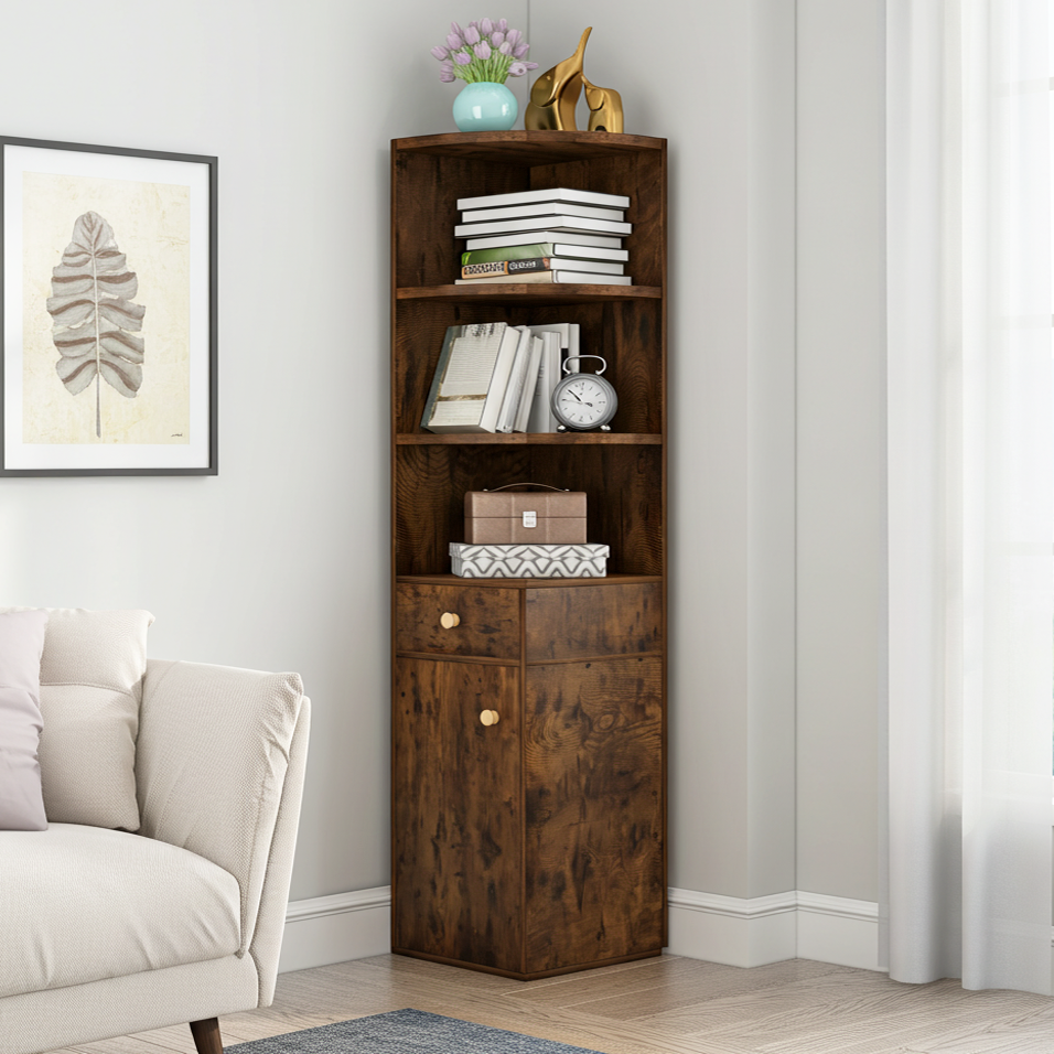 Vision Stylish Rustic Wooden Corner Shelf Unit with Cabinet & Drawer
