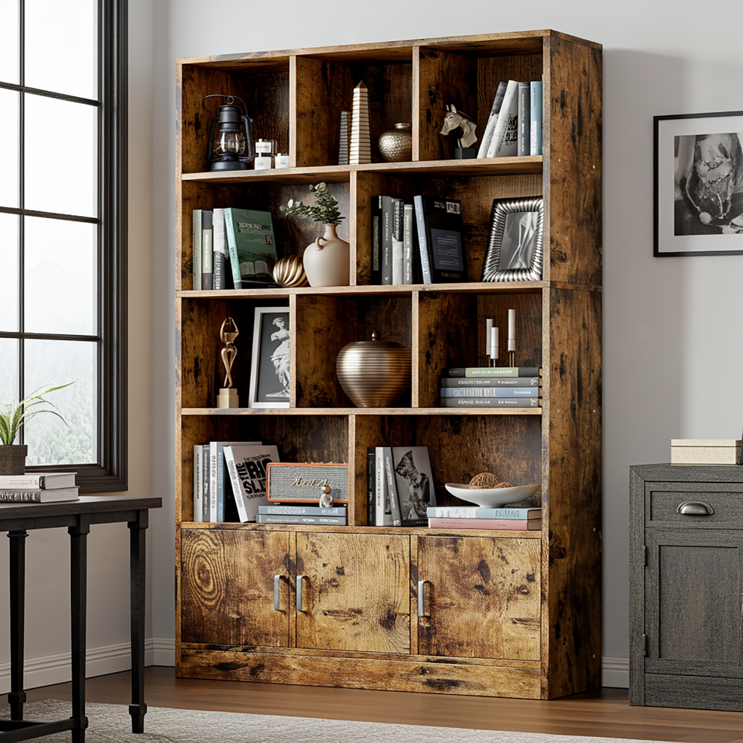 Alpha 10-Shelf 3-Door Wardrobe Cupboard Bookshelf Cabinet (Rustic Wood)