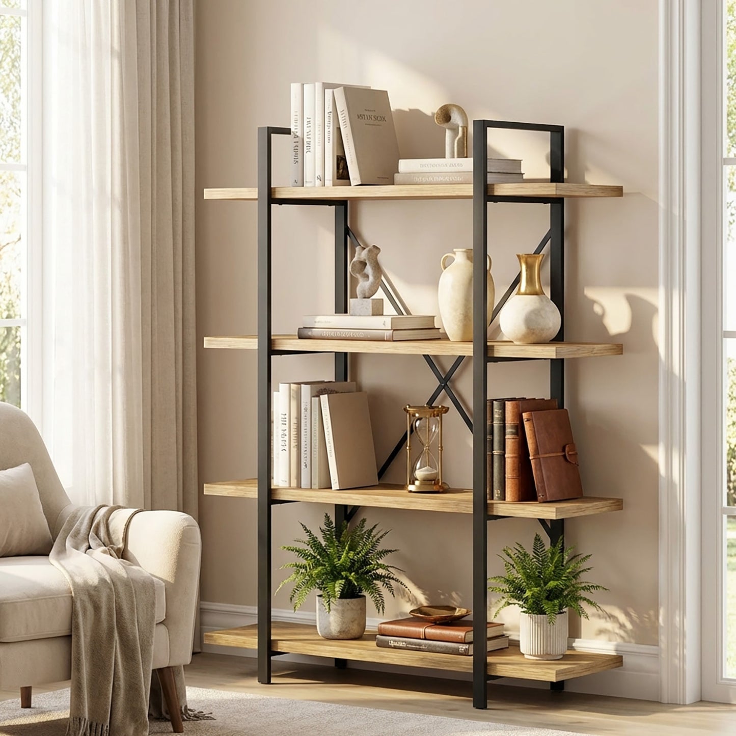 Envision Rustic Oak 4-Tier Bookcase Storage Shelf Organizer