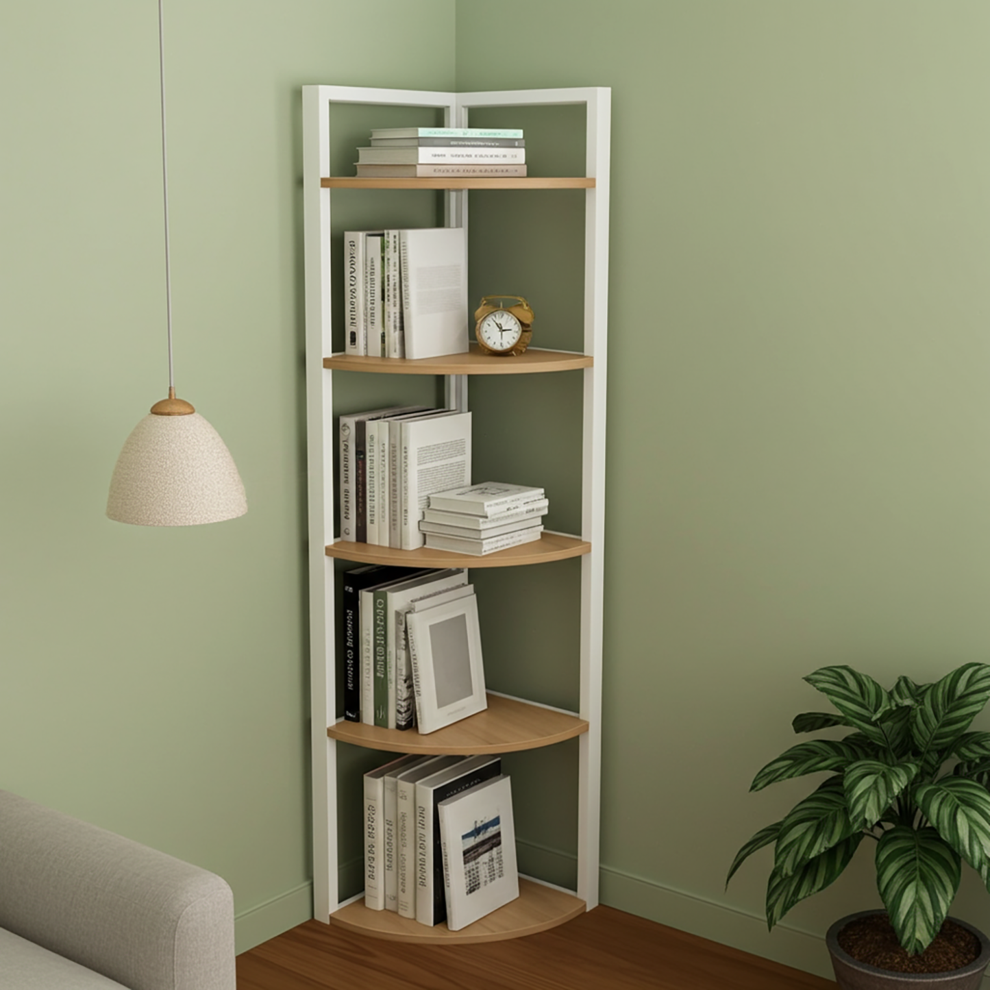 Optima 5 Tier Wood & Steel Corner Shelf Organizer Unit (Rustic Oak & White)