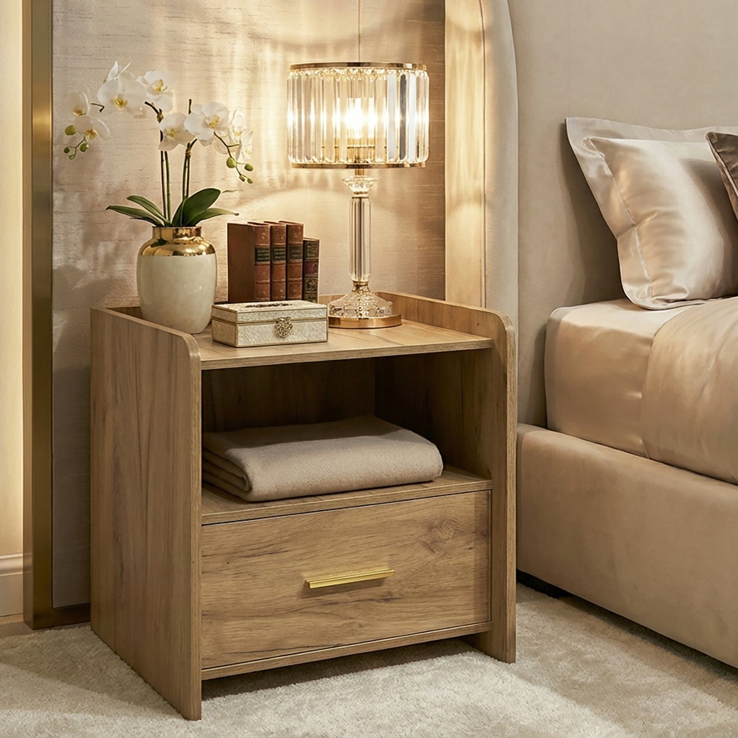 Serene Bedside Table Nightstand with Drawer (Rustic Oak)