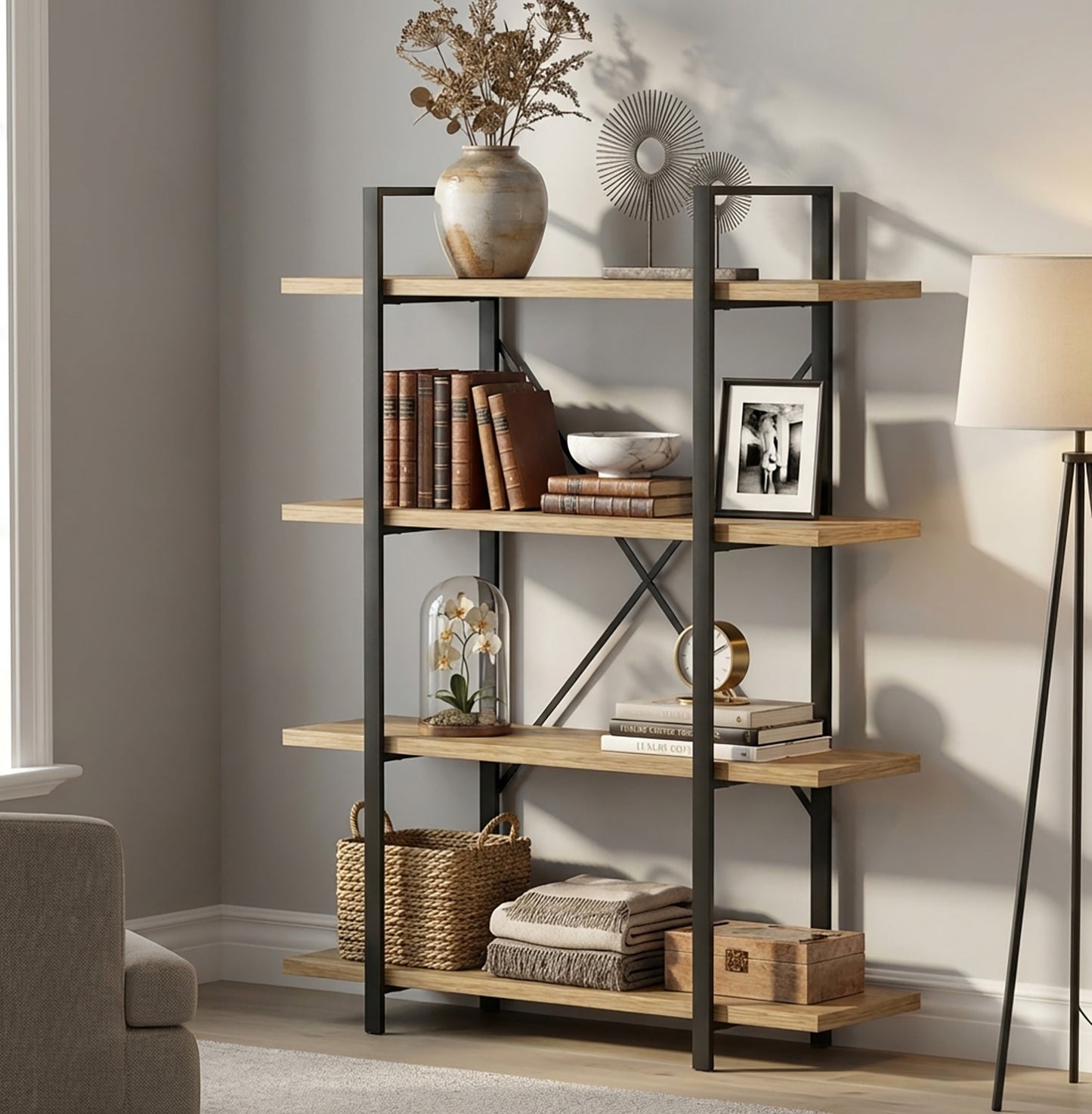Envision Rustic Oak 4-Tier Bookcase Storage Shelf Organizer