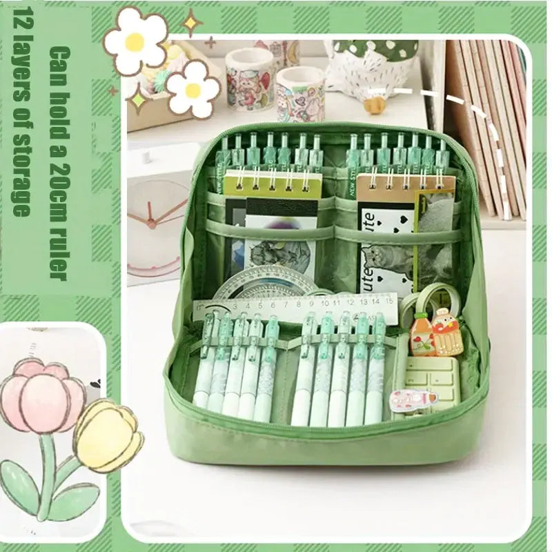 Large Capacity Multi-Layer Stationery Organiser Portable Pencil Case - Green - Dshop.com.au