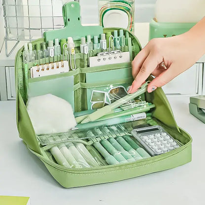 Large Capacity Multi-Layer Stationery Organiser Portable Pencil Case - Green - Dshop.com.au