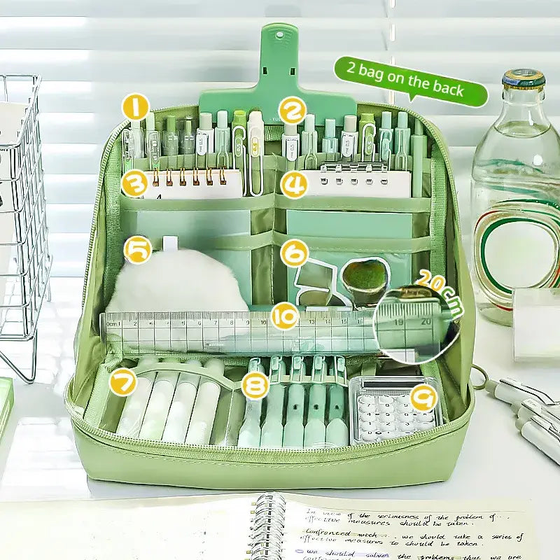 Large Capacity Multi-Layer Stationery Organiser Portable Pencil Case - Green - Dshop.com.au