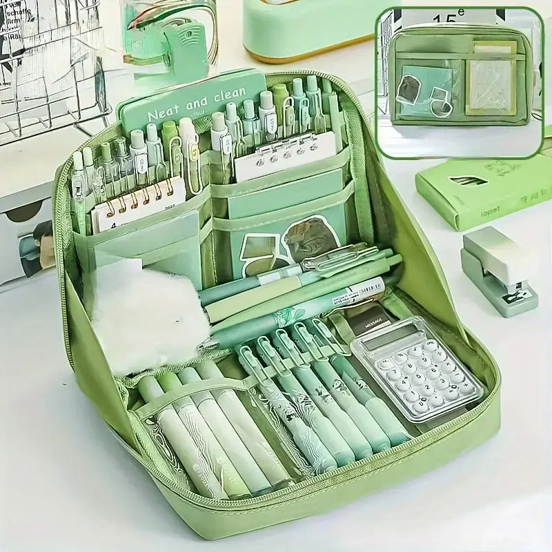 Large Capacity Multi-Layer Stationery Organiser Portable Pencil Case - Green - Dshop.com.au