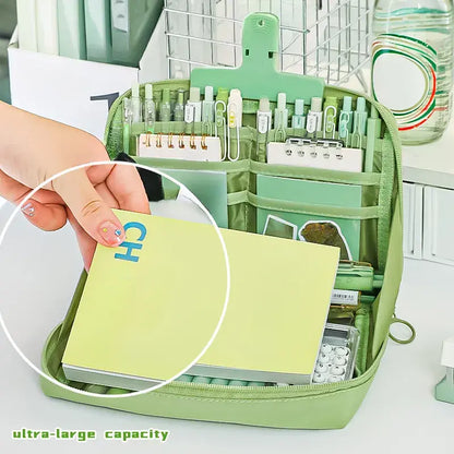 Large Capacity Multi-Layer Stationery Organiser Portable Pencil Case - Green - Dshop.com.au