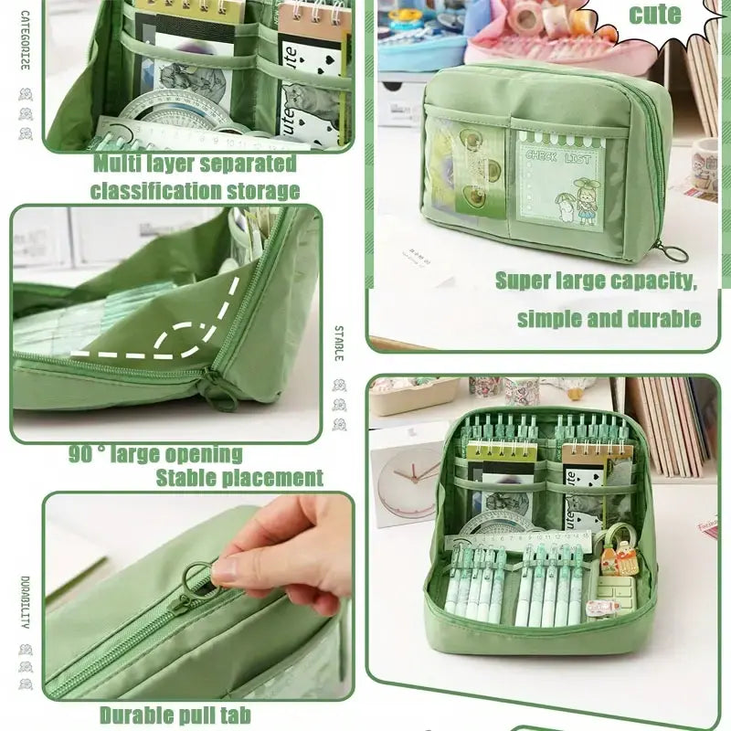 Large Capacity Multi-Layer Stationery Organiser Portable Pencil Case - Green - Dshop.com.au