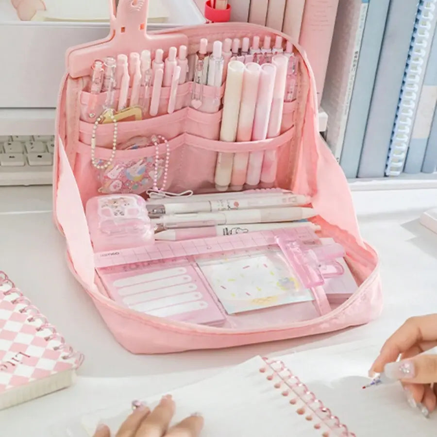 Large Capacity Multi-Layer Stationery Organiser Portable Pencil Case - Pink - Dshop.com.au