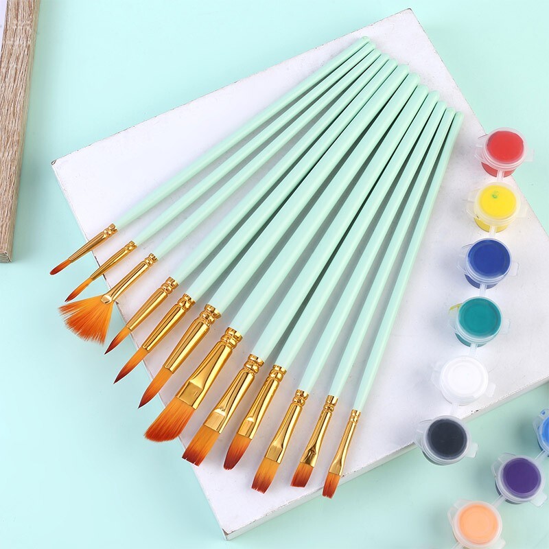 12PCS Artist Nylon Bristle Paint Brushes Set Acrylic Watercolor Oil Painting Brush Kit (Green) - Dshop.com.au