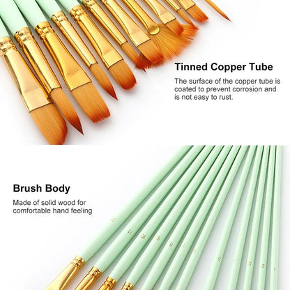 12PCS Artist Nylon Bristle Paint Brushes Set Acrylic Watercolor Oil Painting Brush Kit (Green) - Dshop.com.au