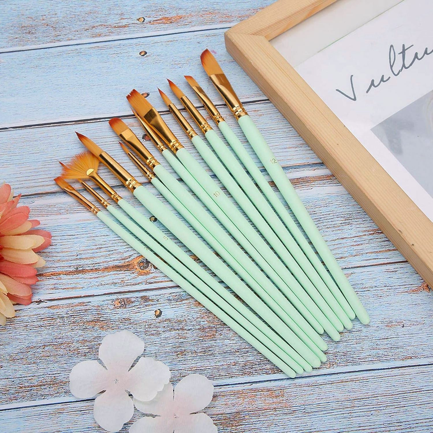 12PCS Artist Nylon Bristle Paint Brushes Set Acrylic Watercolor Oil Painting Brush Kit (Green) - Dshop.com.au