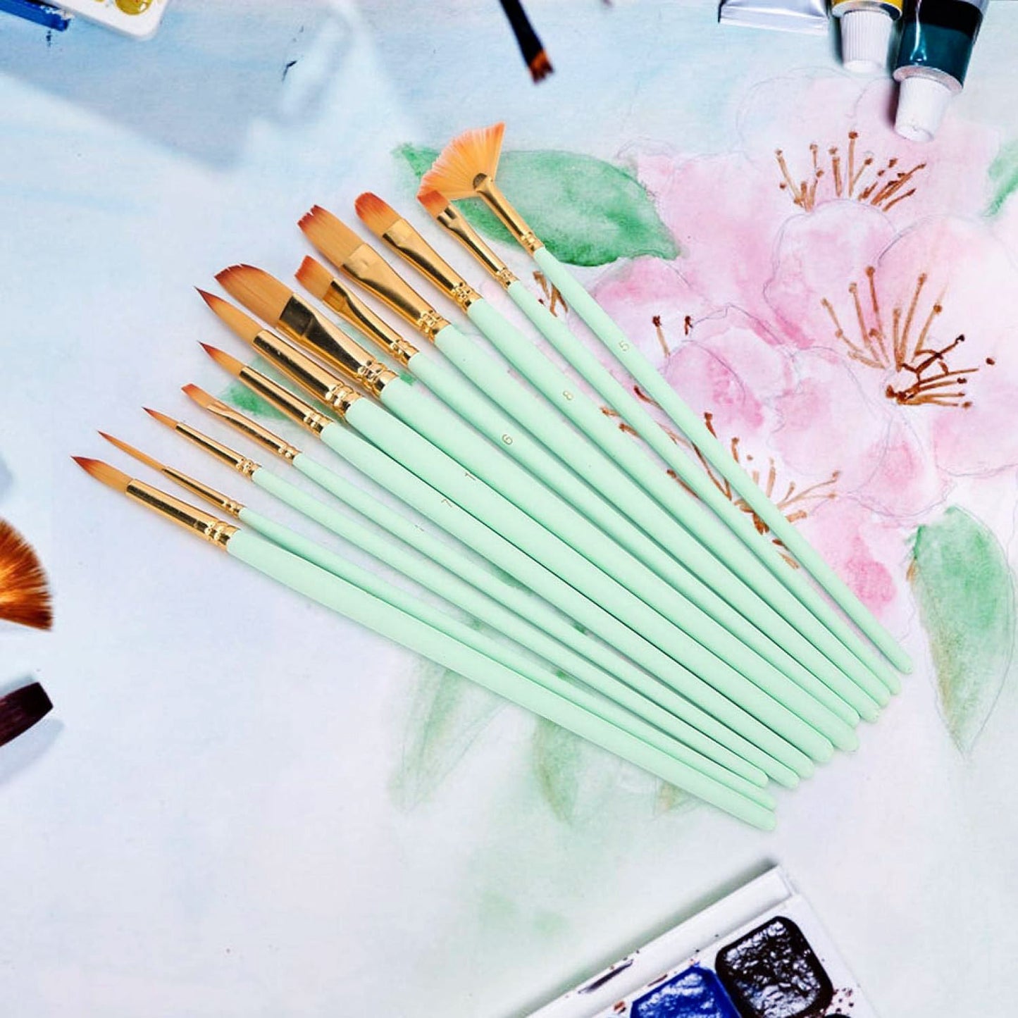 12PCS Artist Nylon Bristle Paint Brushes Set Acrylic Watercolor Oil Painting Brush Kit (Green) - Dshop.com.au