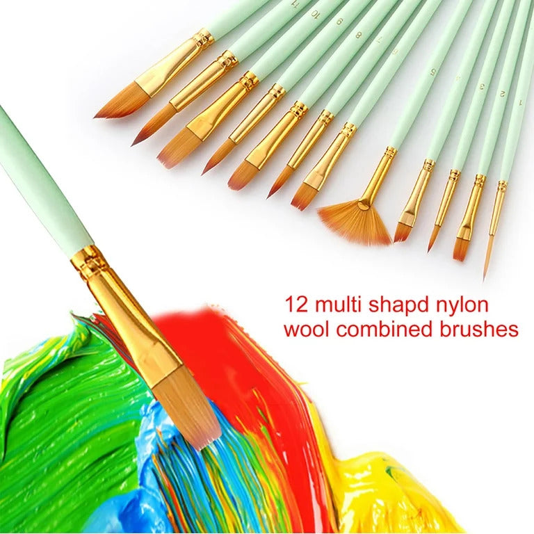 12PCS Artist Nylon Bristle Paint Brushes Set Acrylic Watercolor Oil Painting Brush Kit (Green) - Dshop.com.au