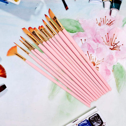 12PCS Artist Nylon Bristle Paint Brushes Set Acrylic Watercolor Oil Painting Brush Kit (Pink) - Dshop.com.au