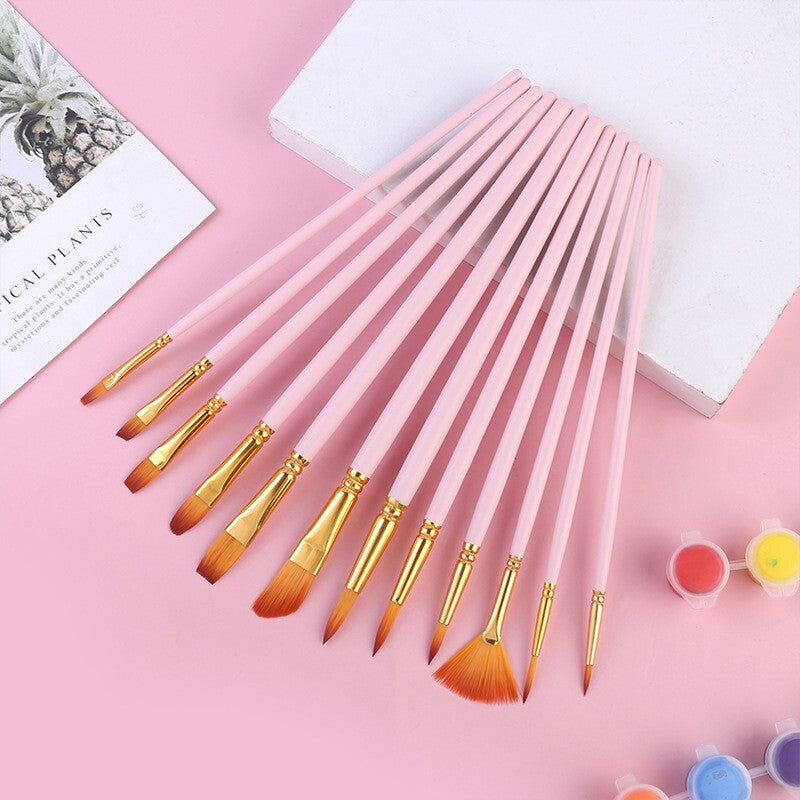 12PCS Artist Nylon Bristle Paint Brushes Set Acrylic Watercolor Oil Painting Brush Kit (Pink) - Dshop.com.au