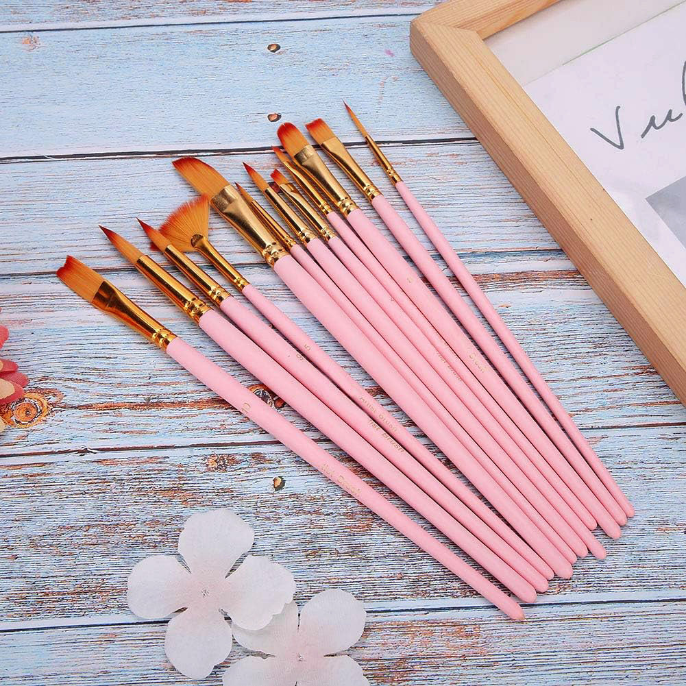 12PCS Artist Nylon Bristle Paint Brushes Set Acrylic Watercolor Oil Painting Brush Kit (Pink) - Dshop.com.au