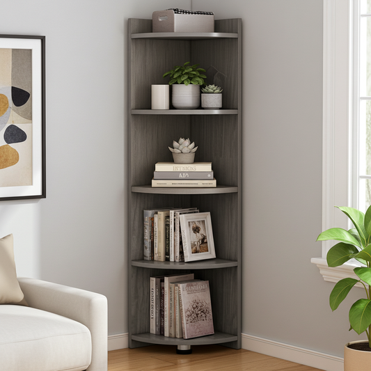 Inspire 5 Tier Stylish Wooden Corner Shelf Unit (Driftwood Grey)