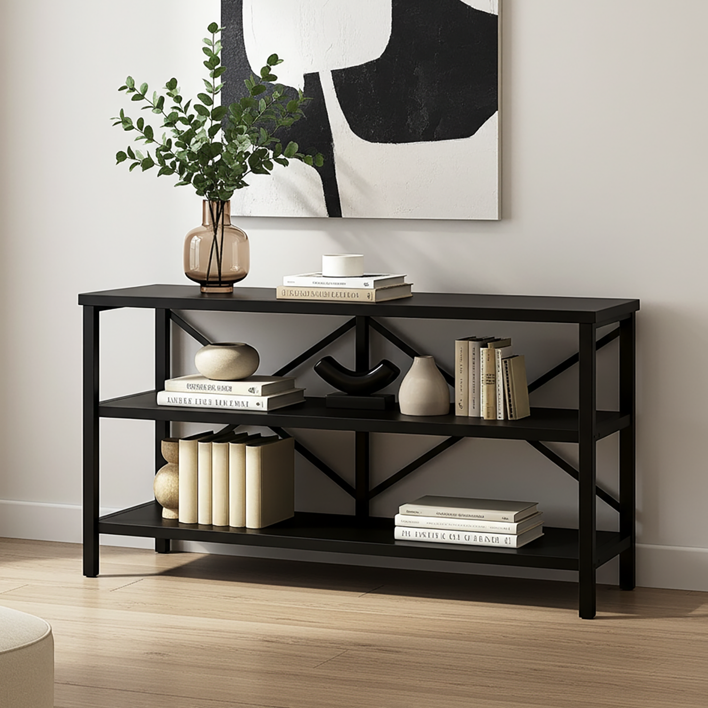 Serenity Industrial Console Table Bookcase TV Stand Storage Shelf Unit (Black)