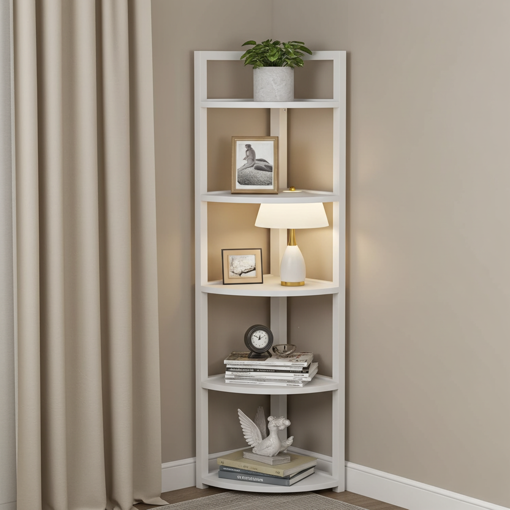 Optima 5 Tier Wood & Steel Corner Shelf Organizer Unit (White)