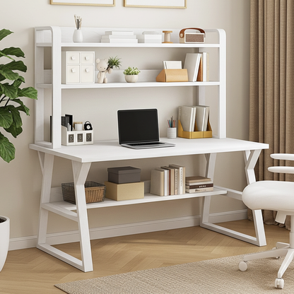Aspire Large Industrial Office Computer Desk Workstation with Bookshelf (White)