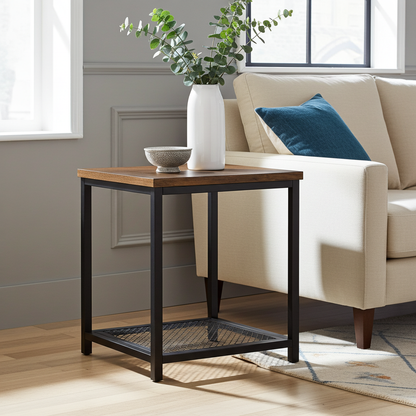 Loft Rustic Industrial Wood & Steel Side Table with Storage Shelf