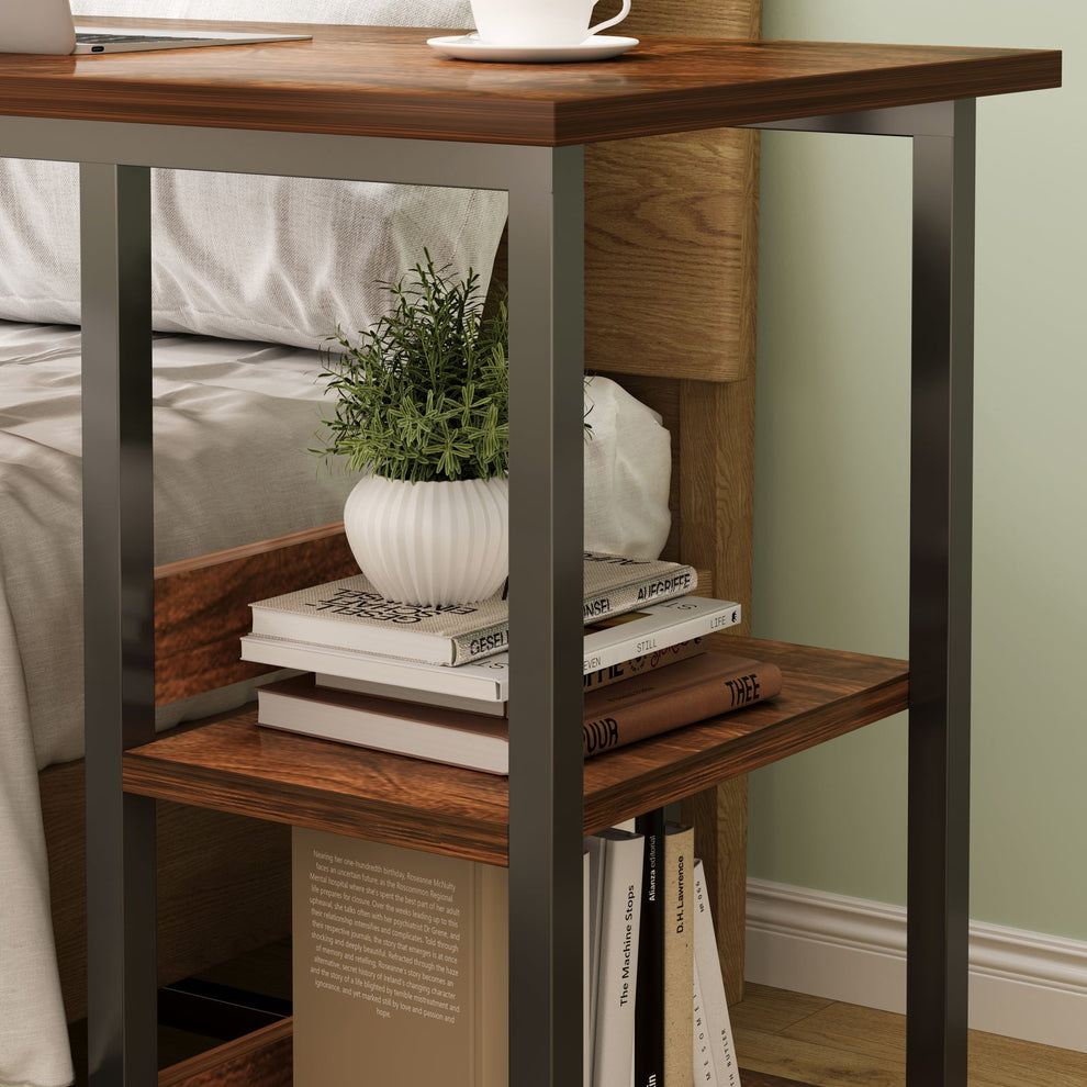 Supreme Sofa Bed Side Table Laptop Desk with Shelves & Wheels (Rustic