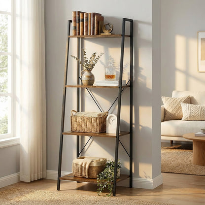 Elevate Rustic Wood & Metal 4-Tier Ladder Shelf Bookcase Storage Organizer