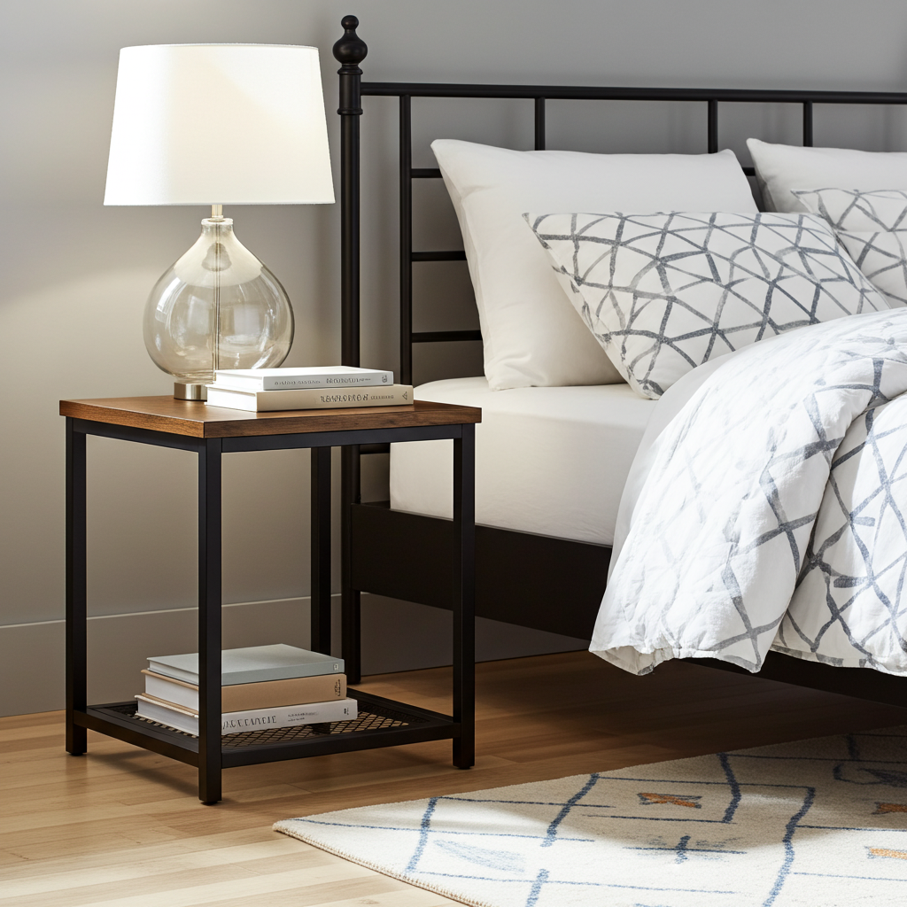 Loft Rustic Industrial Wood & Steel Side Table with Storage Shelf