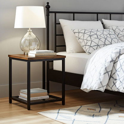 Loft Rustic Industrial Wood & Steel Side Table with Storage Shelf