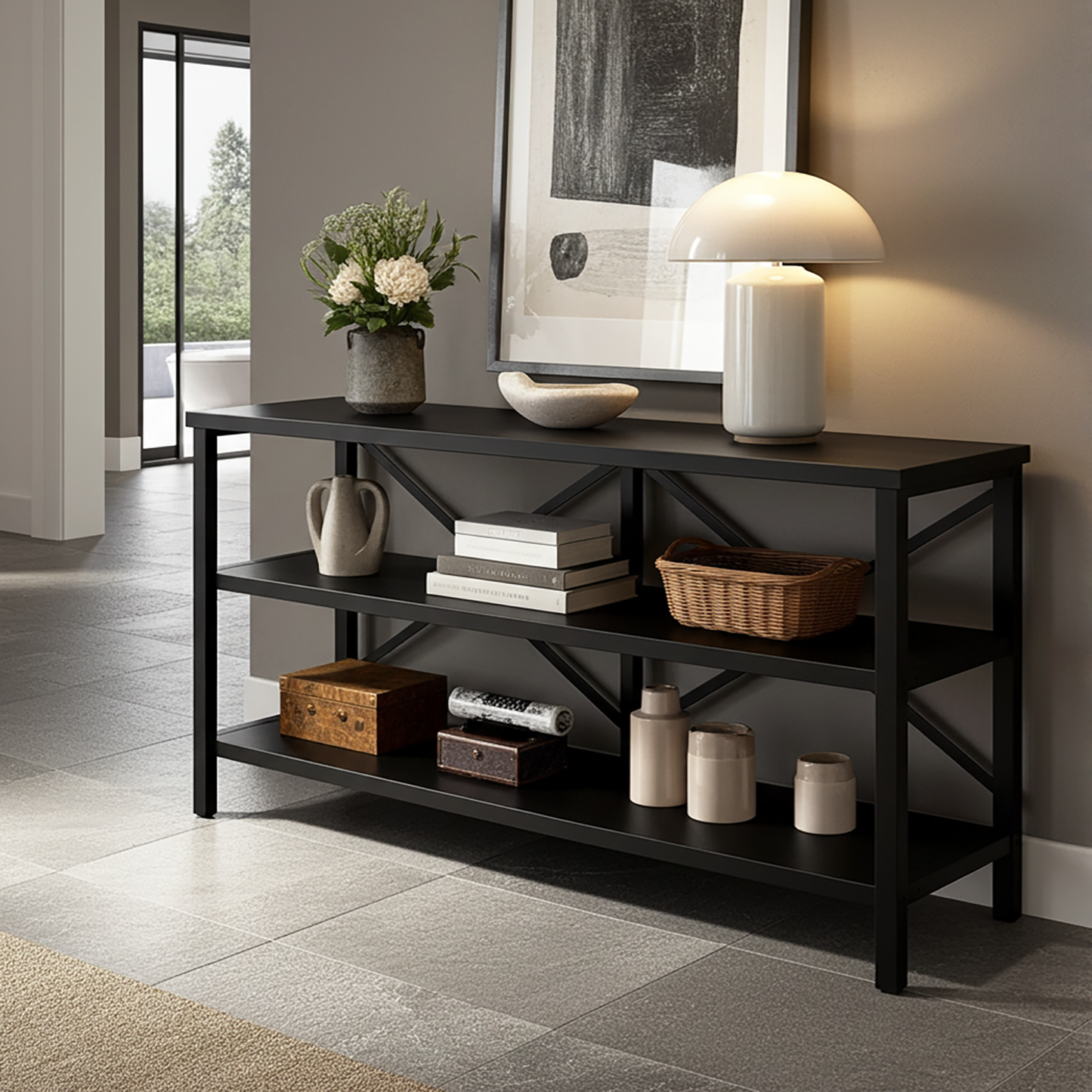 Serenity Industrial Console Table Bookcase TV Stand Storage Shelf Unit (Black)