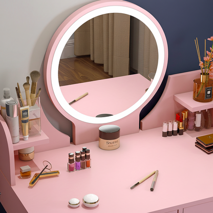 LED Luminous Princess Dresser Vanity Table with Mirror, Stool and Storage Drawers Set (Pink)