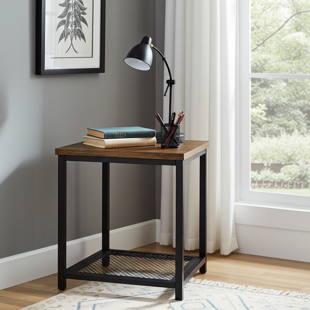 Loft Rustic Industrial Wood & Steel Side Table with Storage Shelf