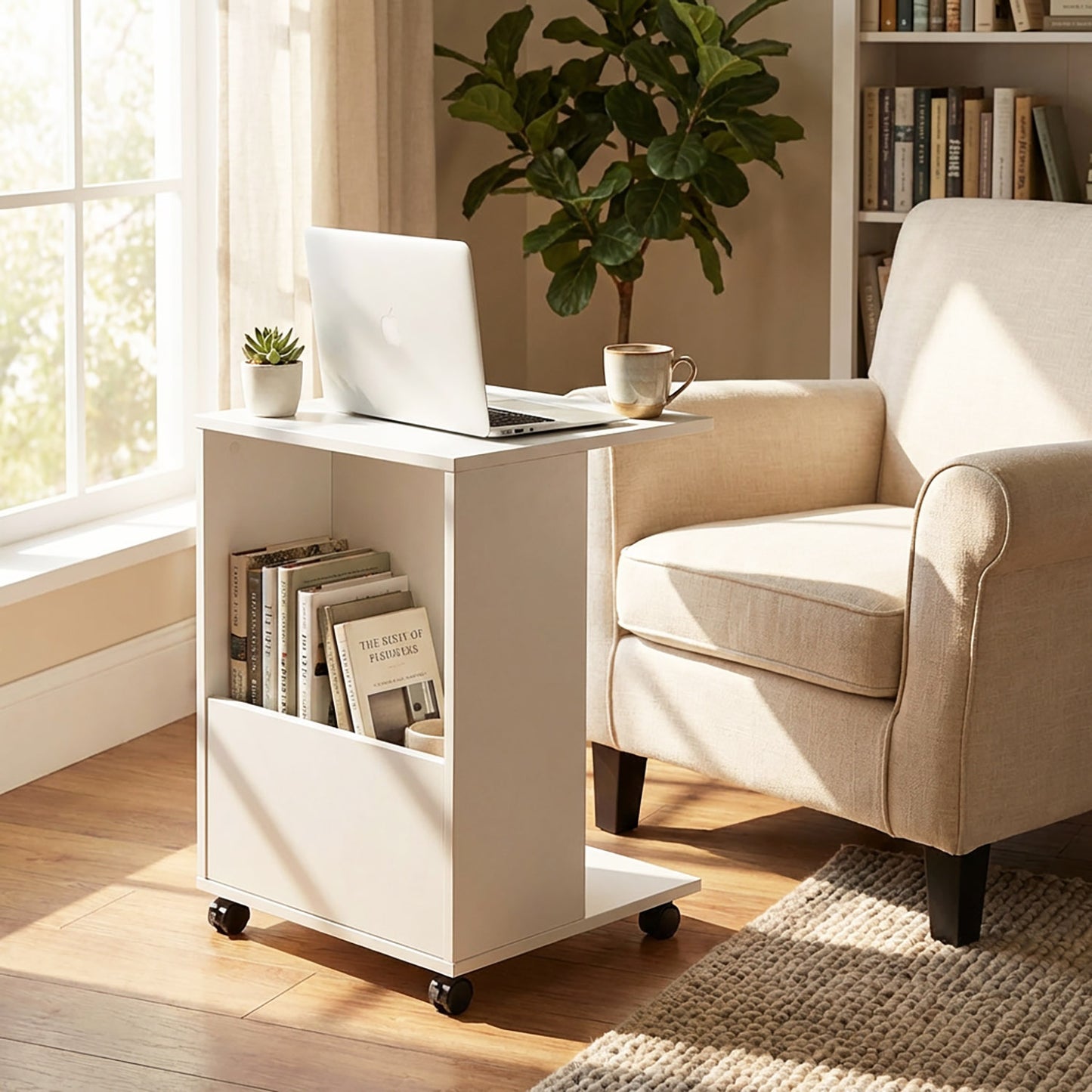 Hermes Sofa Side Table with Magazine Holder (White)