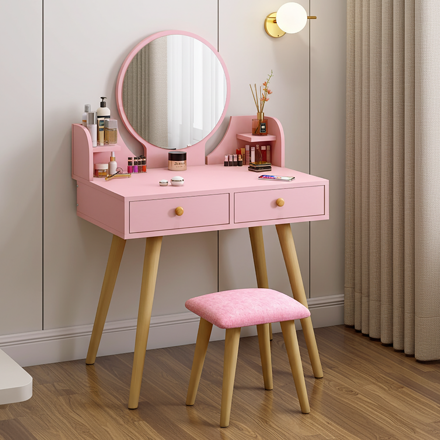Princess Dresser Vanity Table with Mirror, Stool and Storage Drawers Set (Pink)