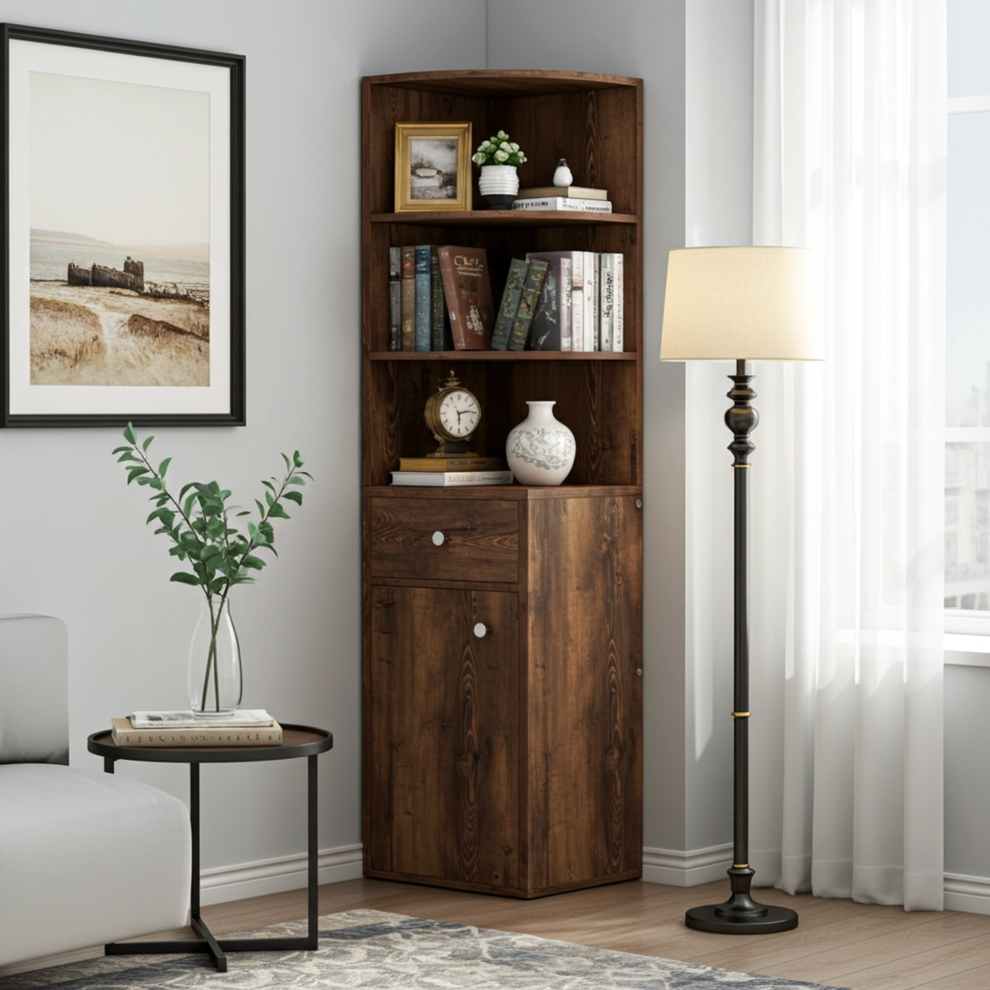 Corner Box Unit Vision Stylish Rustic Wooden Corner Shelf Unit with Cabinet & Drawer