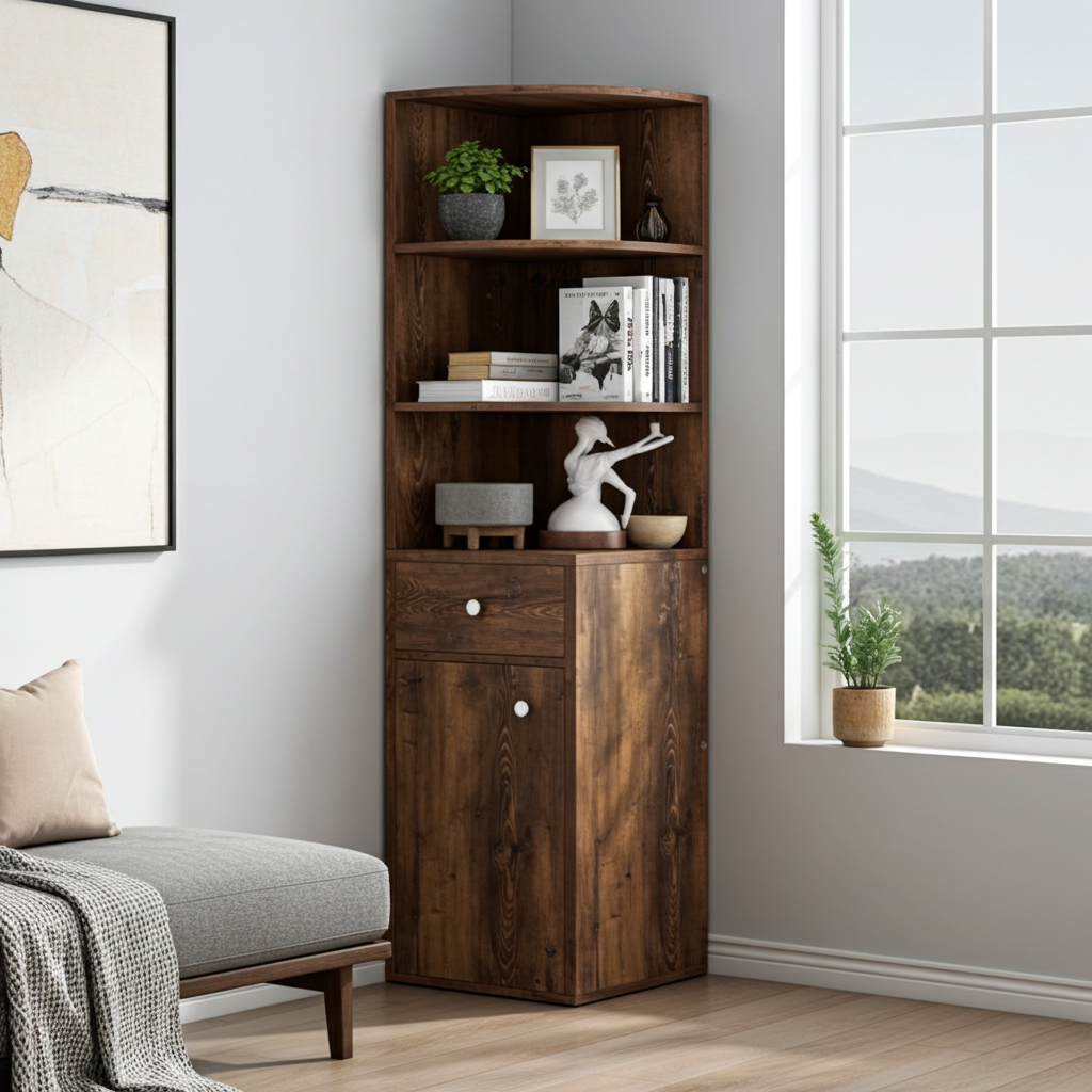 Vision Stylish Rustic Wooden Corner Shelf Unit with Cabinet & Drawer