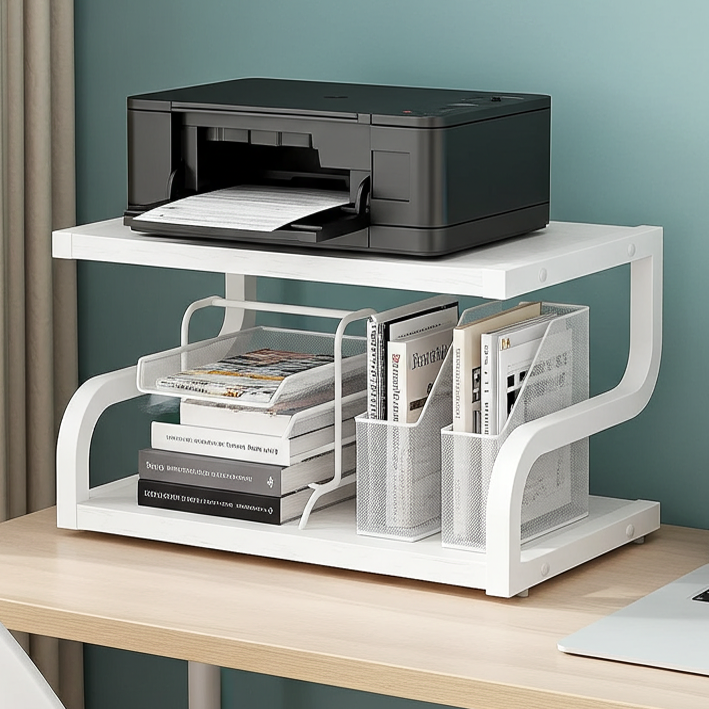 Deluxe Rustic Oak Desktop Shelf Wood & Steel Printer Stand Storage Rack Organizer (White)