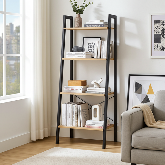 Elevate Rustic Oak 4-Tier Ladder Shelf Wood & Metal Bookcase Storage Organizer