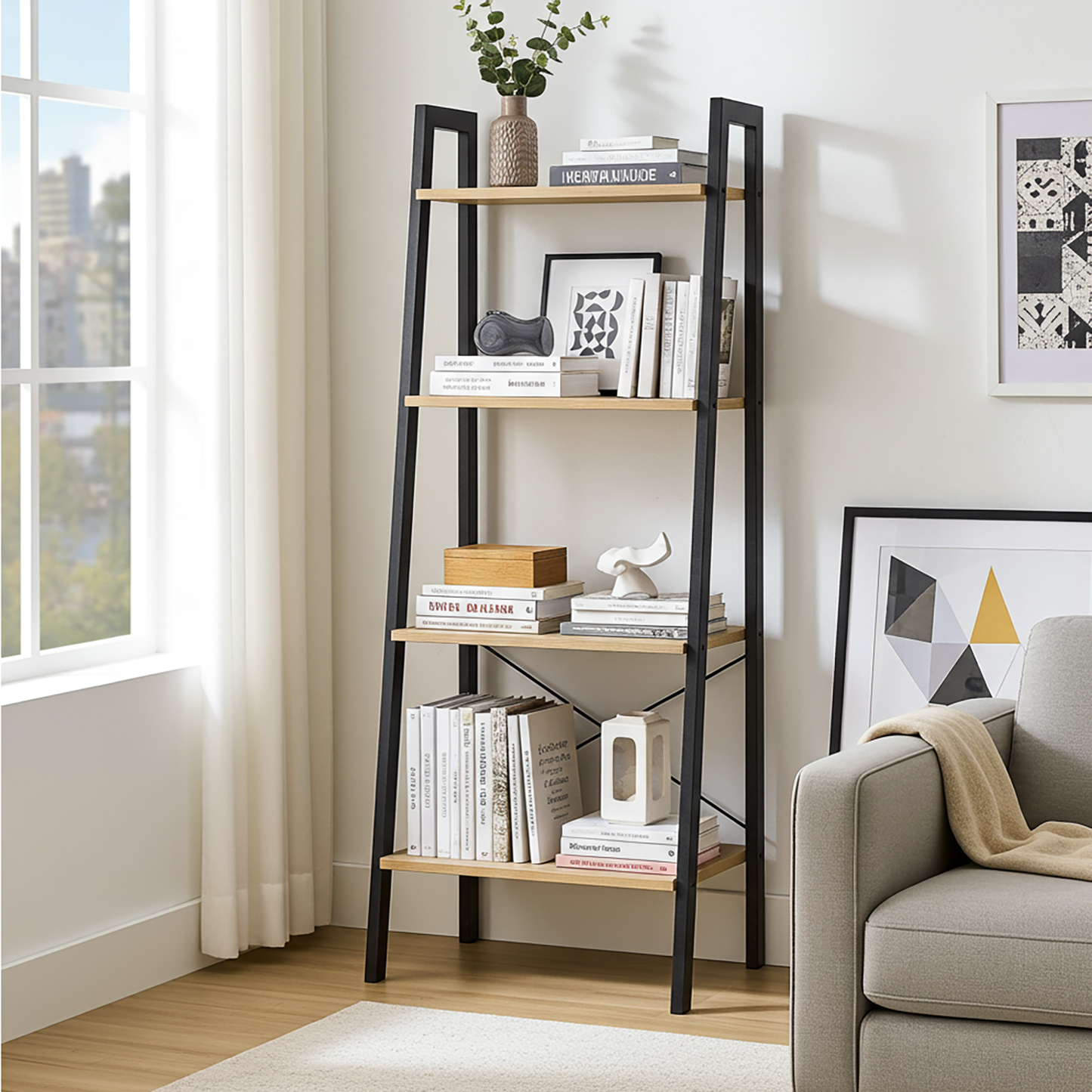 Elevate Rustic Oak 4-Tier Ladder Shelf Wood & Metal Bookcase Storage Organizer