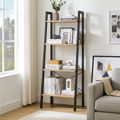Elevate Rustic Oak 4-Tier Ladder Shelf Wood & Metal Bookcase Storage Organizer