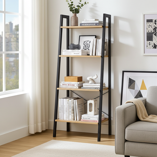 Elevate Rustic Oak 4-Tier Ladder Shelf Wood & Metal Bookcase Storage Organizer