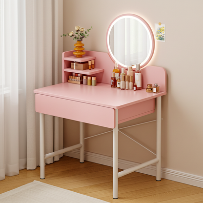 LED Luminous Mirror Makeup Vanity Dressing Table Pink Dresser with Drawer Storage