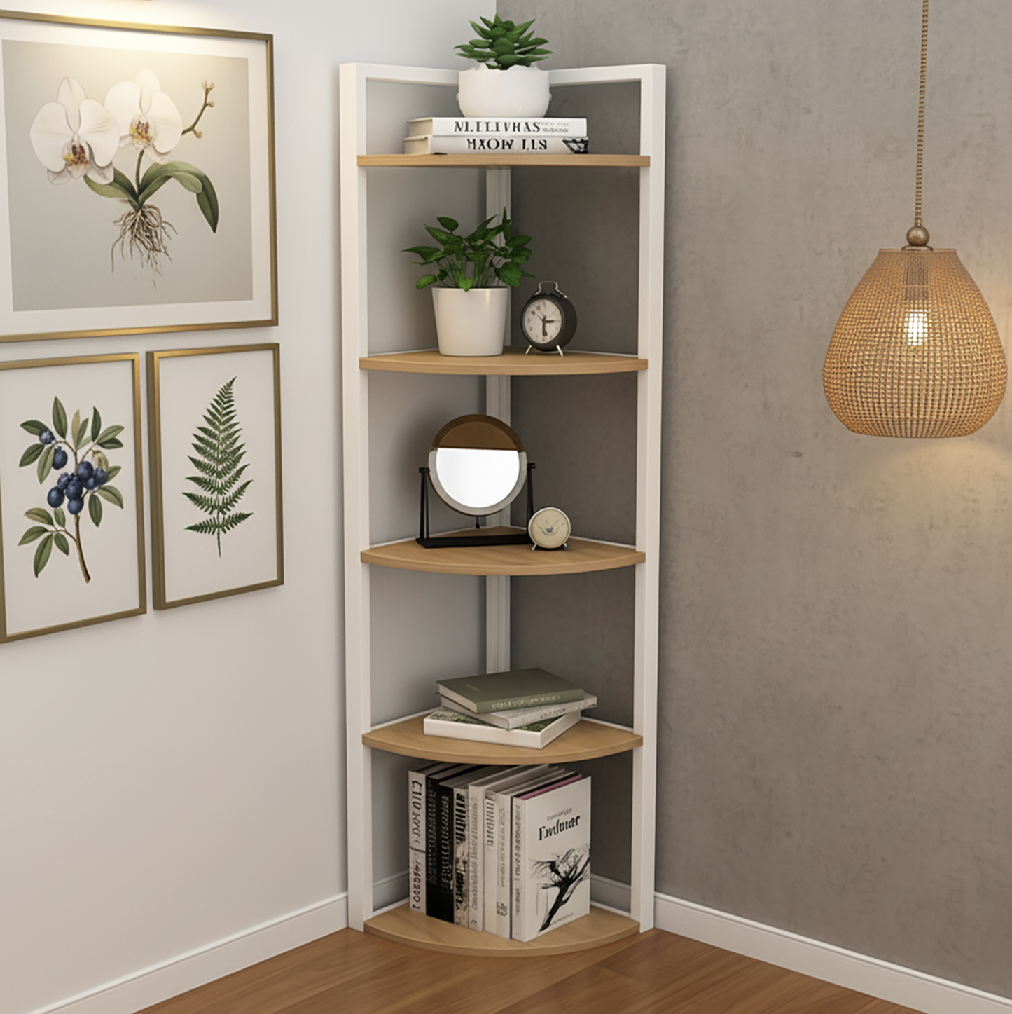 Optima 5 Tier Wood & Steel Corner Shelf Organizer Unit (Rustic Oak & White)