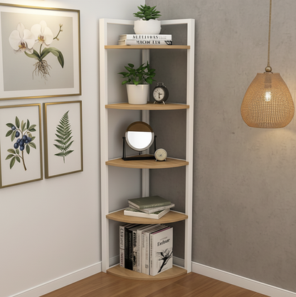 Optima 5 Tier Wood & Steel Corner Shelf Organizer Unit (Rustic Oak & White)