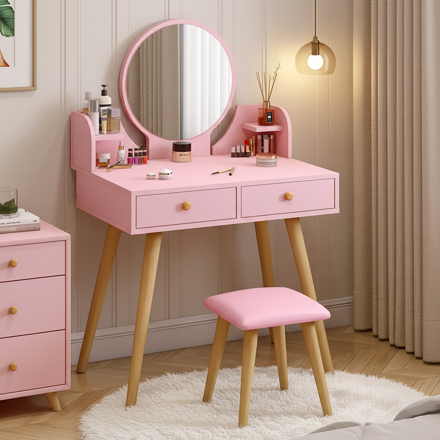 Princess Dresser Vanity Table with Mirror, Stool and Storage Drawers Set (Pink)