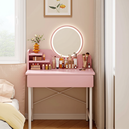 LED Mirror Makeup Vanity Dressing Table Pink Desk with Drawer Storage