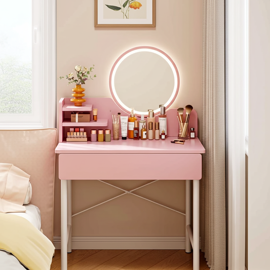LED Mirror Makeup Vanity Dressing Table Pink Desk with Drawer Storage